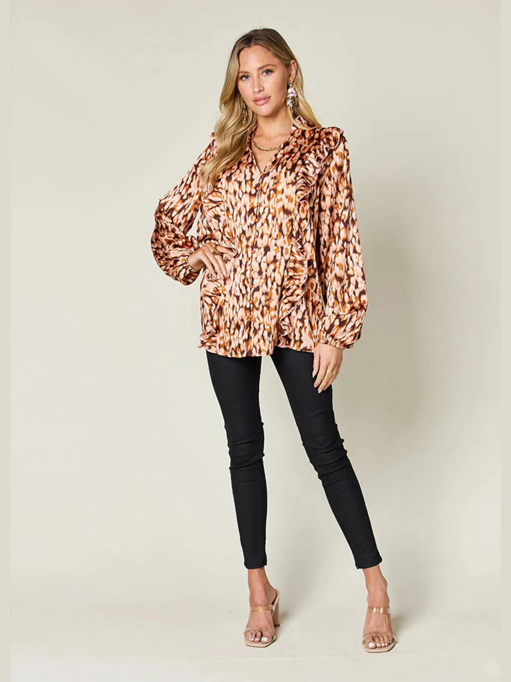 Double Take Full Size Printed Ruffle Trim Balloon Sleeve Shirt nicholesgifts