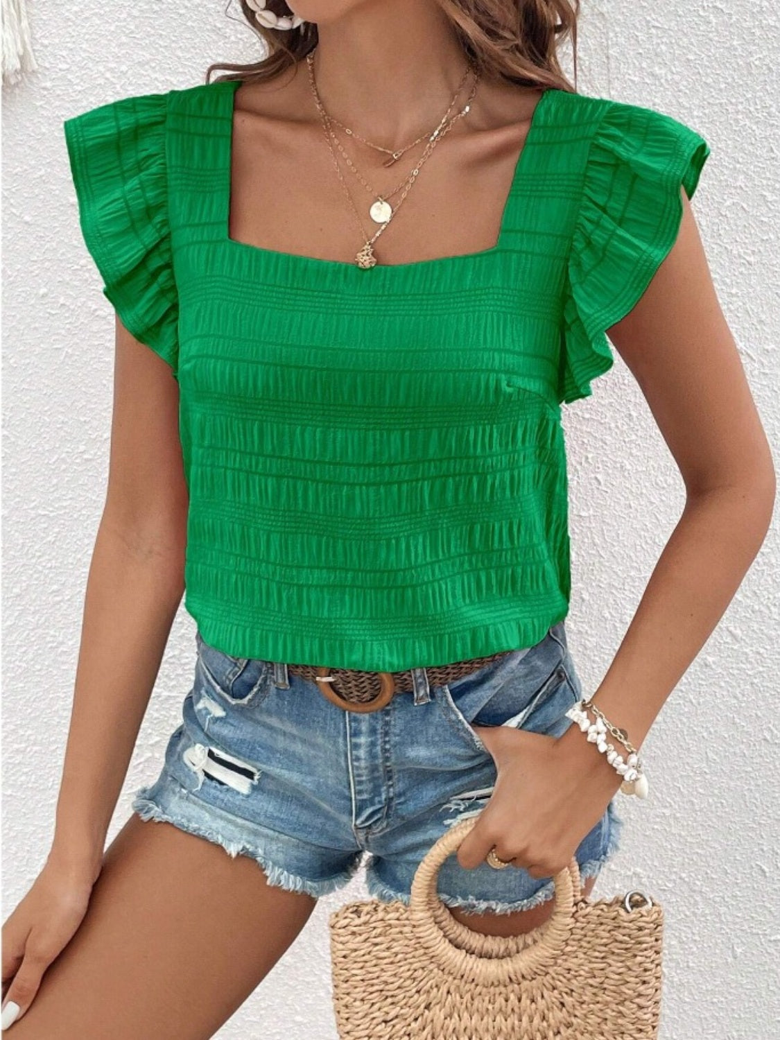 Ruffled Square Neck Cap Sleeve Blouse nicholesgifts