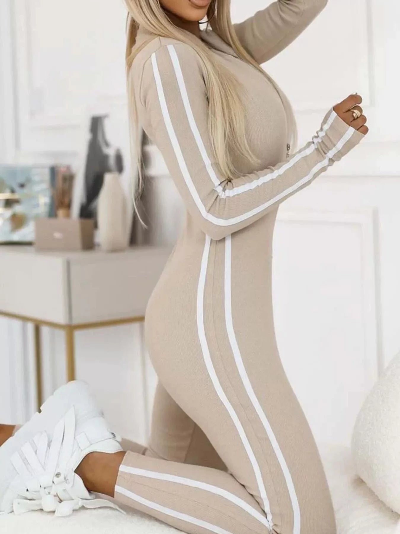 Full Size Stripe Zip-Front Long Sleeve Jumpsuit Plus Size nicholesgifts