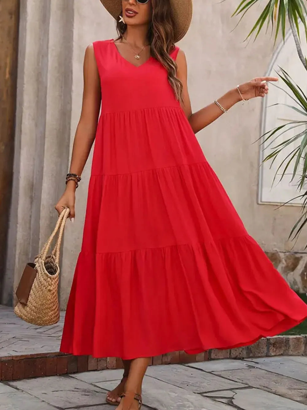 Tiered V-Neck Sleeveless Dress NicholesGifts