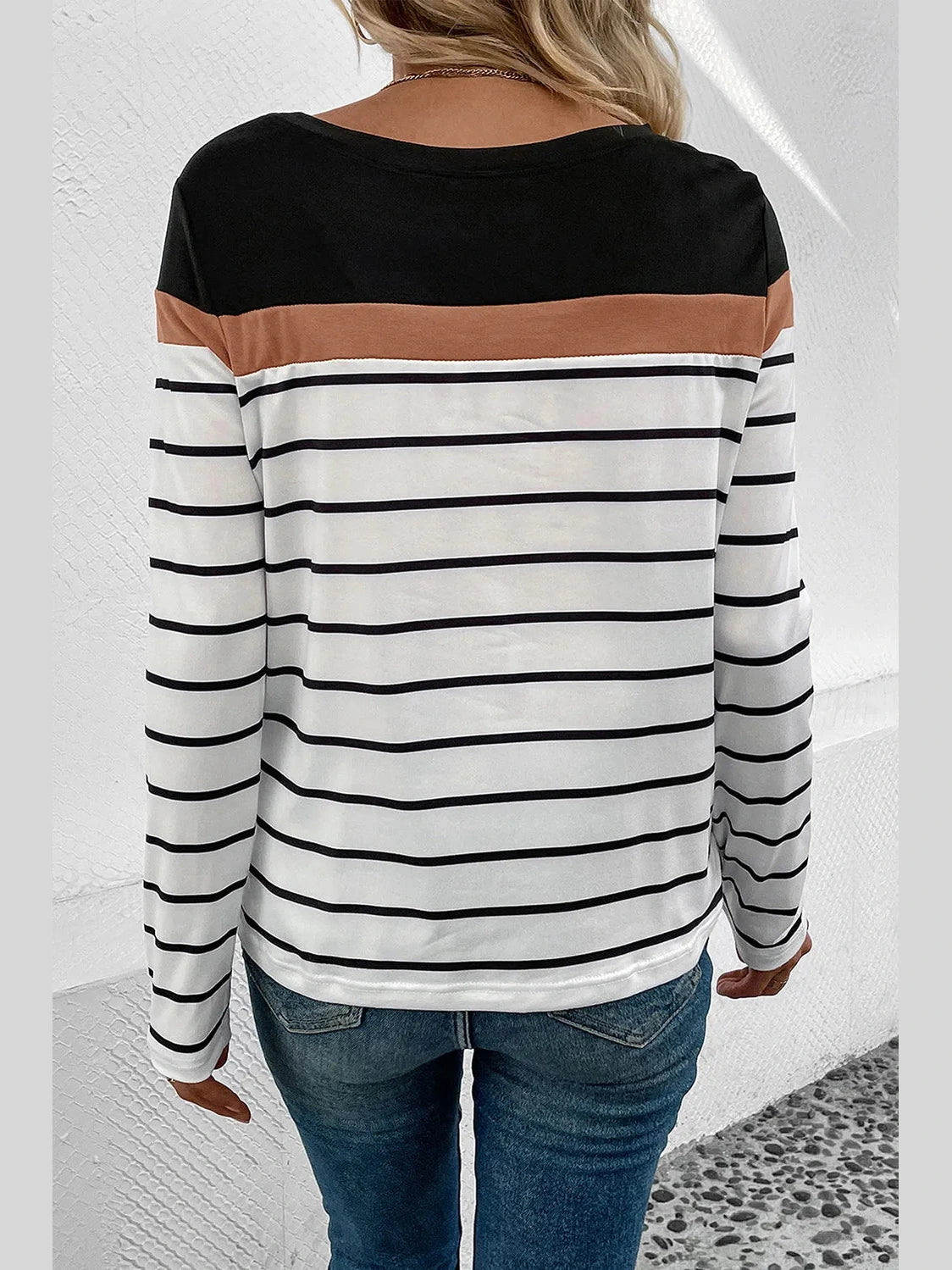 Perfee Striped Round Neck Long Sleeve T-Shirt nicholesgifts