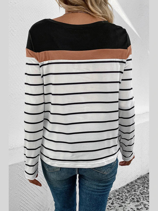 Perfee Striped Round Neck Long Sleeve T-Shirt nicholesgifts