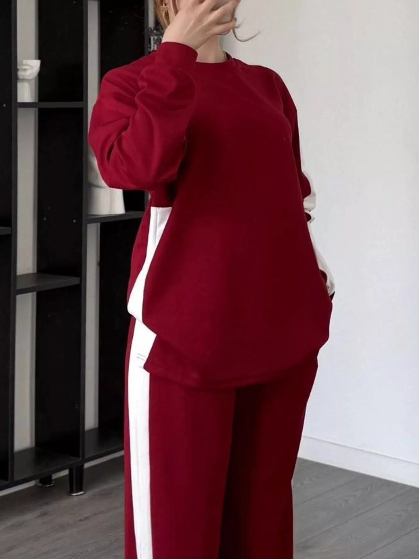 Full Size Contrast Round Neck Top and Pants Set Plus Size nicholesgifts