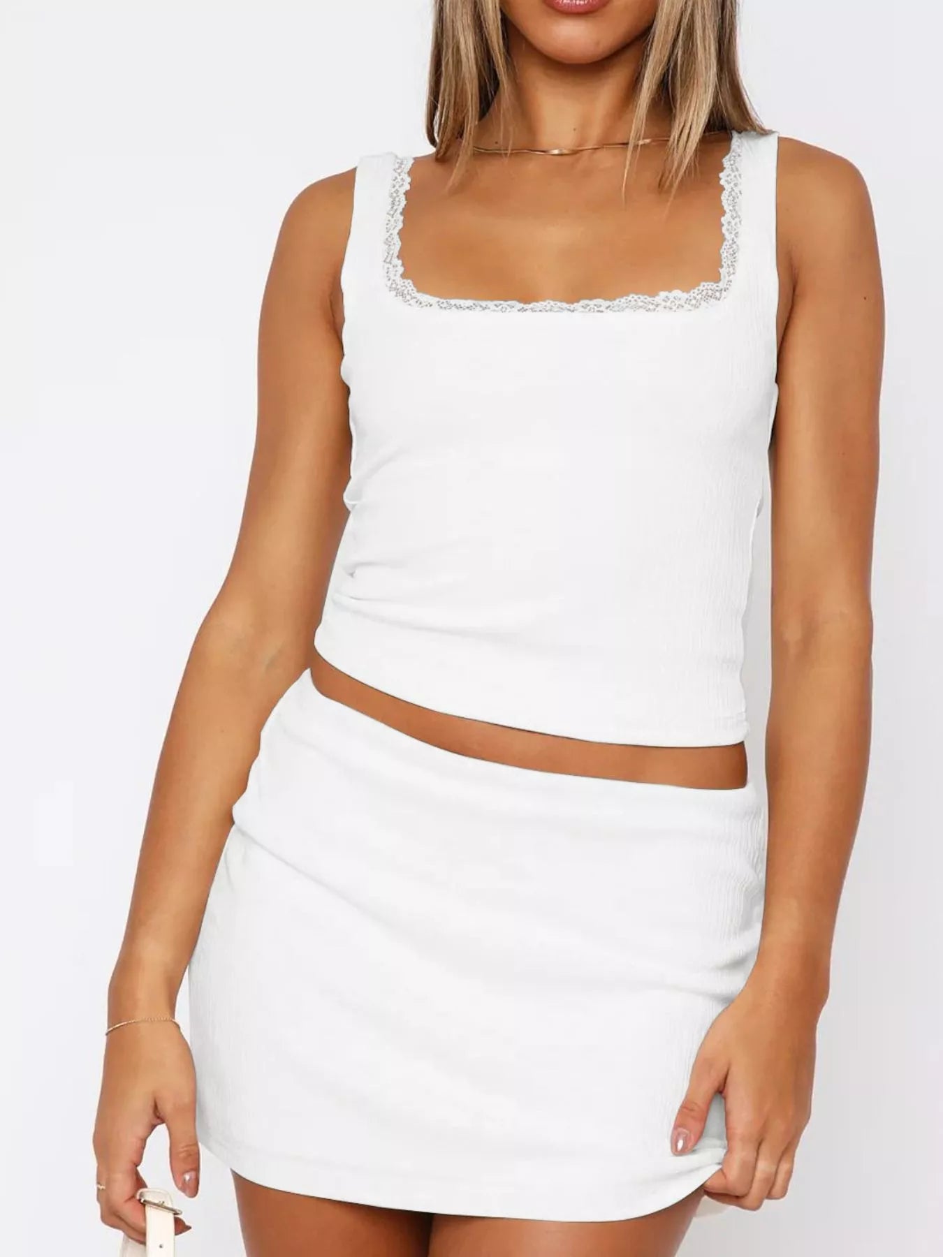Lace Detail Square Neck Tank and Skirt Set Trendsi