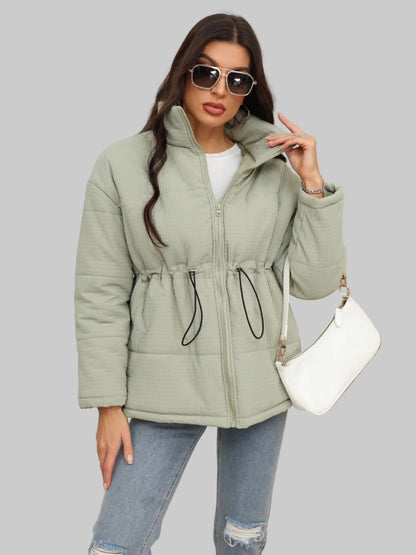 Women Drawstring Waist Zip-Up Puffer Jacket nicholesgifts