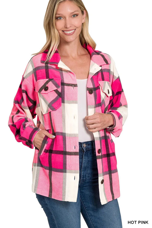 Zenana Oversized Plaid Fleece Shacket Trendsi