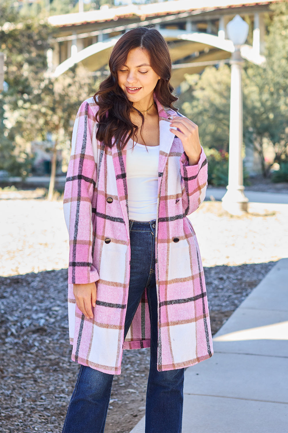 Double Take Full Size Plaid Button Up Lapel Collar Coat nicholesgifts