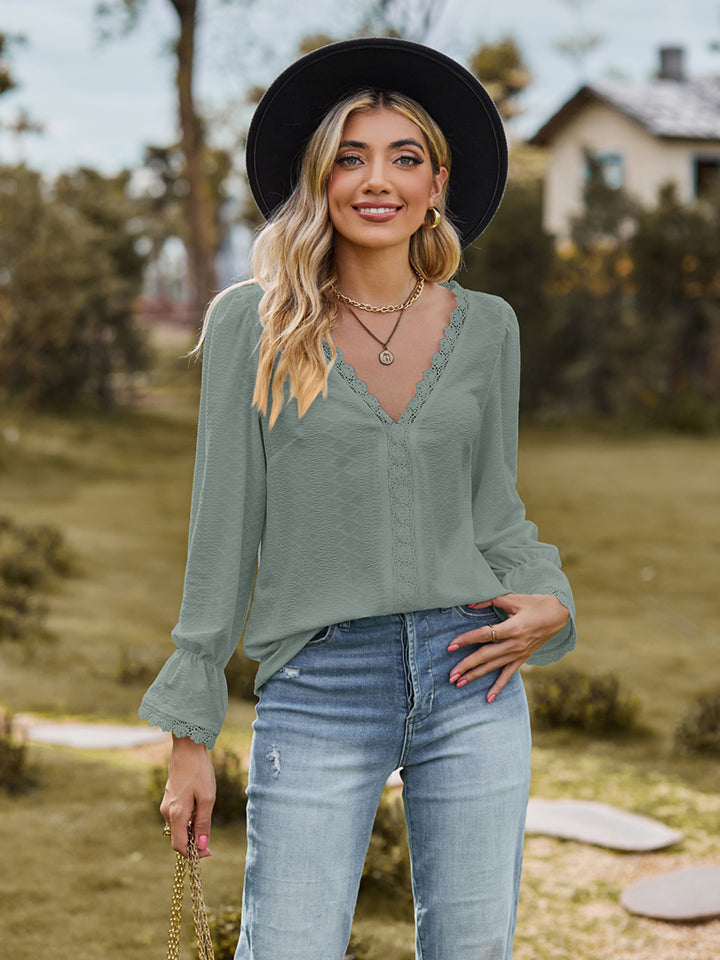 Women V-Neck Flounce Sleeve Blouse nicholesgifts