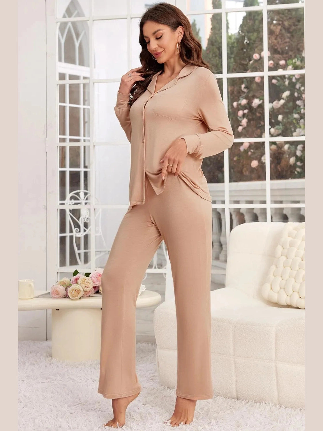 Button Up Long Sleeve Top and Pants Lounge Set nicholesgifts