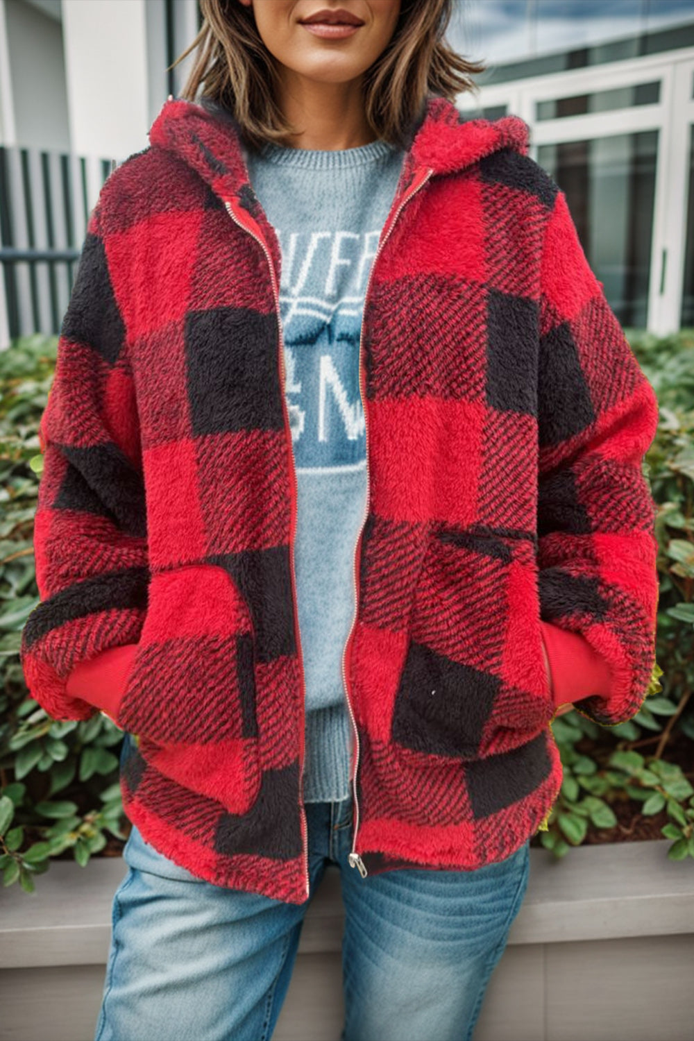 Double Take Full Size Plaid Long Sleeve Hooded Coat nicholesgifts