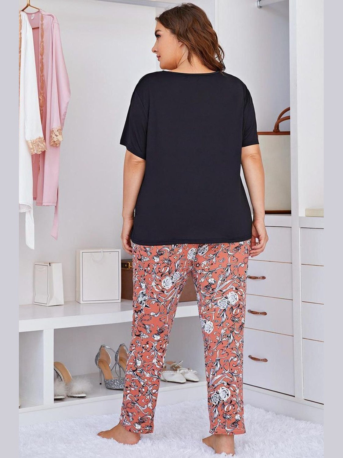 Plus Size Contrast Round Neck Tee and Floral Pants Lounge Set nicholesgifts