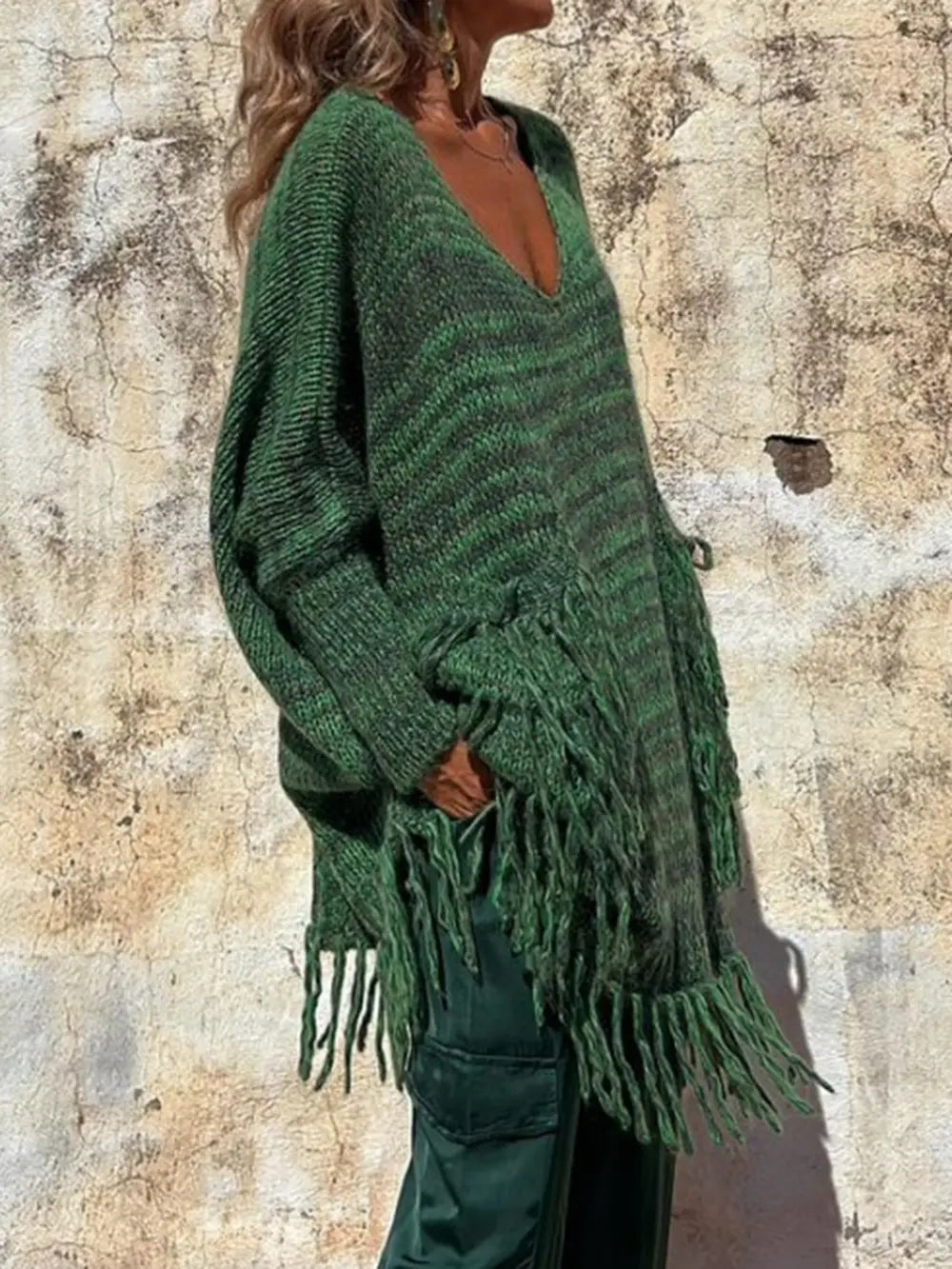 Fringe Detail Long Sleeve Sweater with Pockets Trendsi