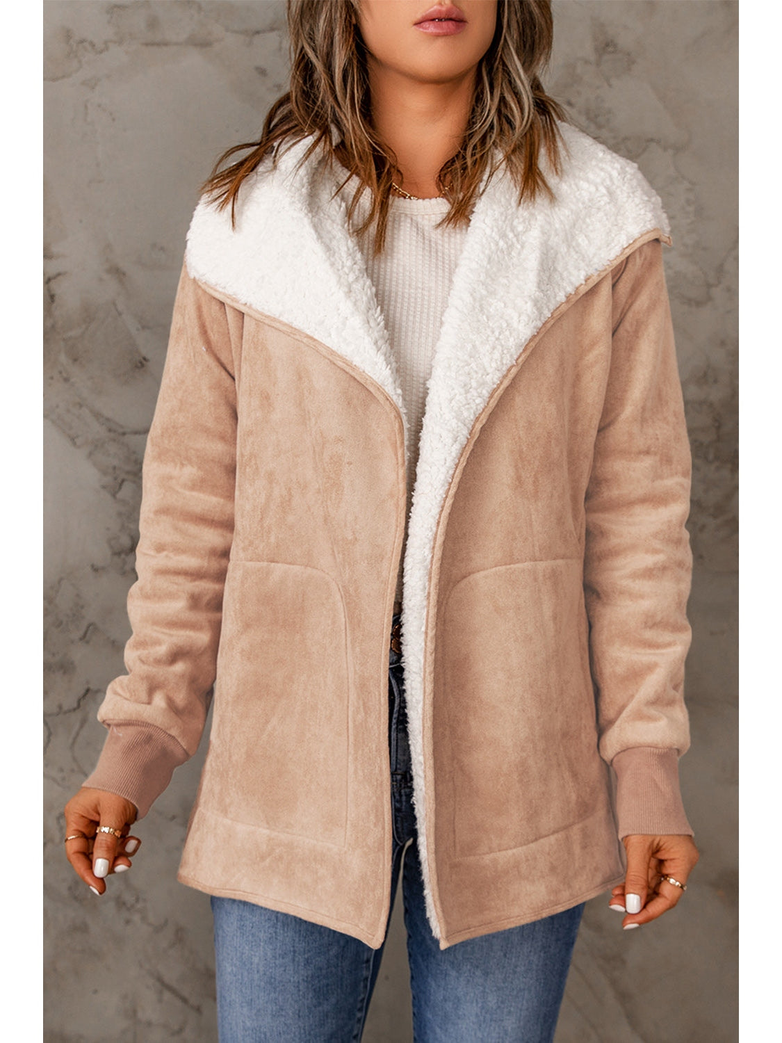 Open Front Long Sleeve Sherpa Jacket with Pockets nicholesgifts