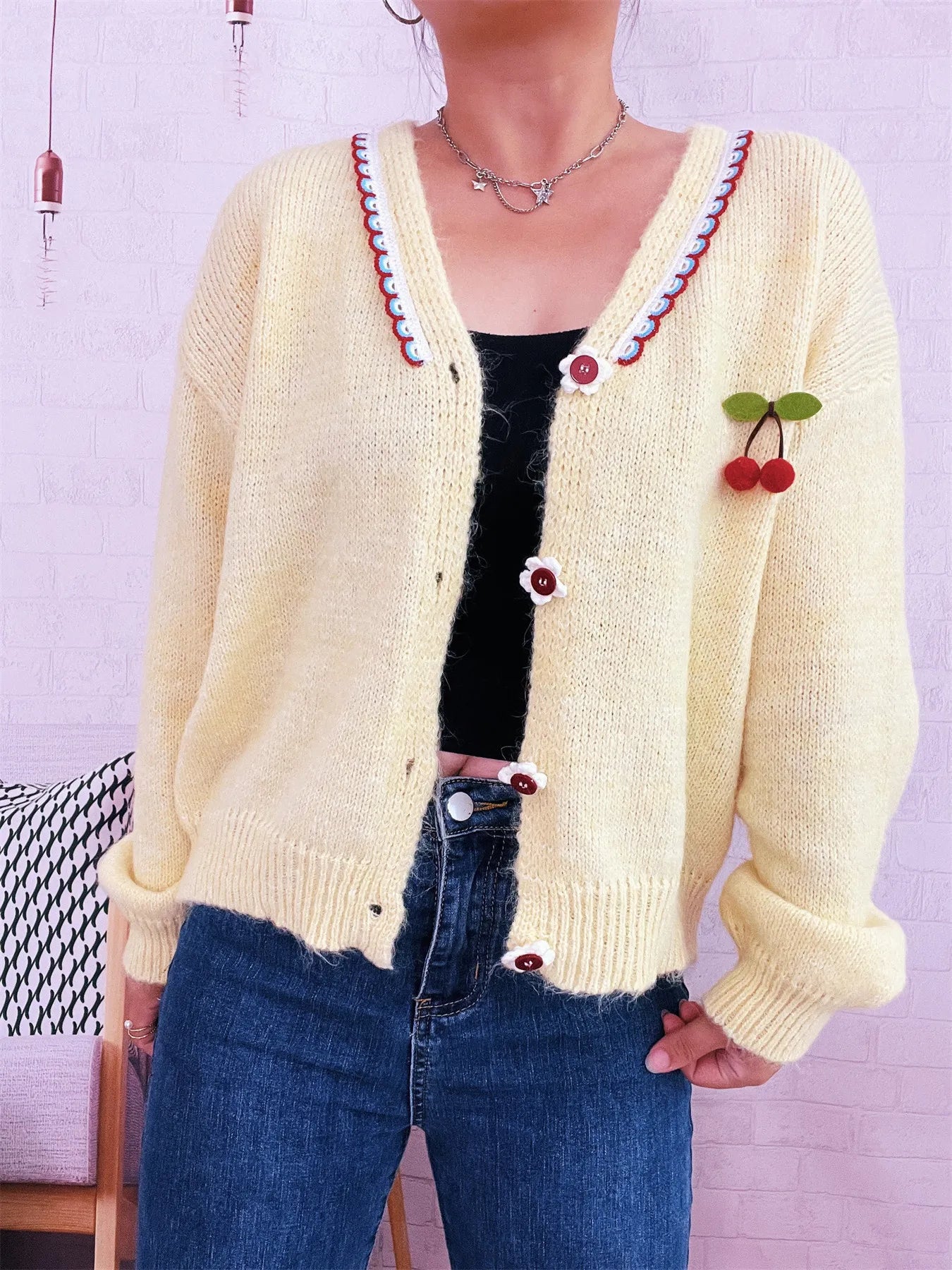 Cherry Button-Front Long Sleeve Cardigan