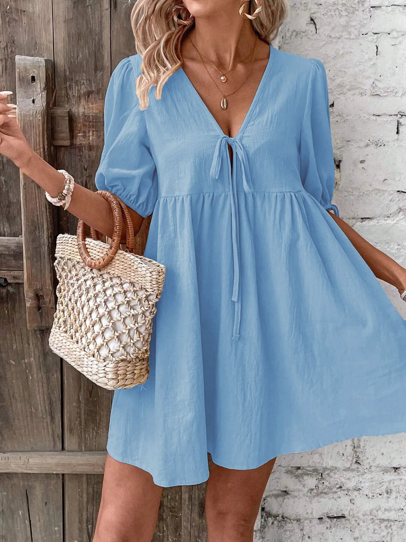 V-Neck Tie-Front Mini Dress with Puff Sleeves NicholesGifts