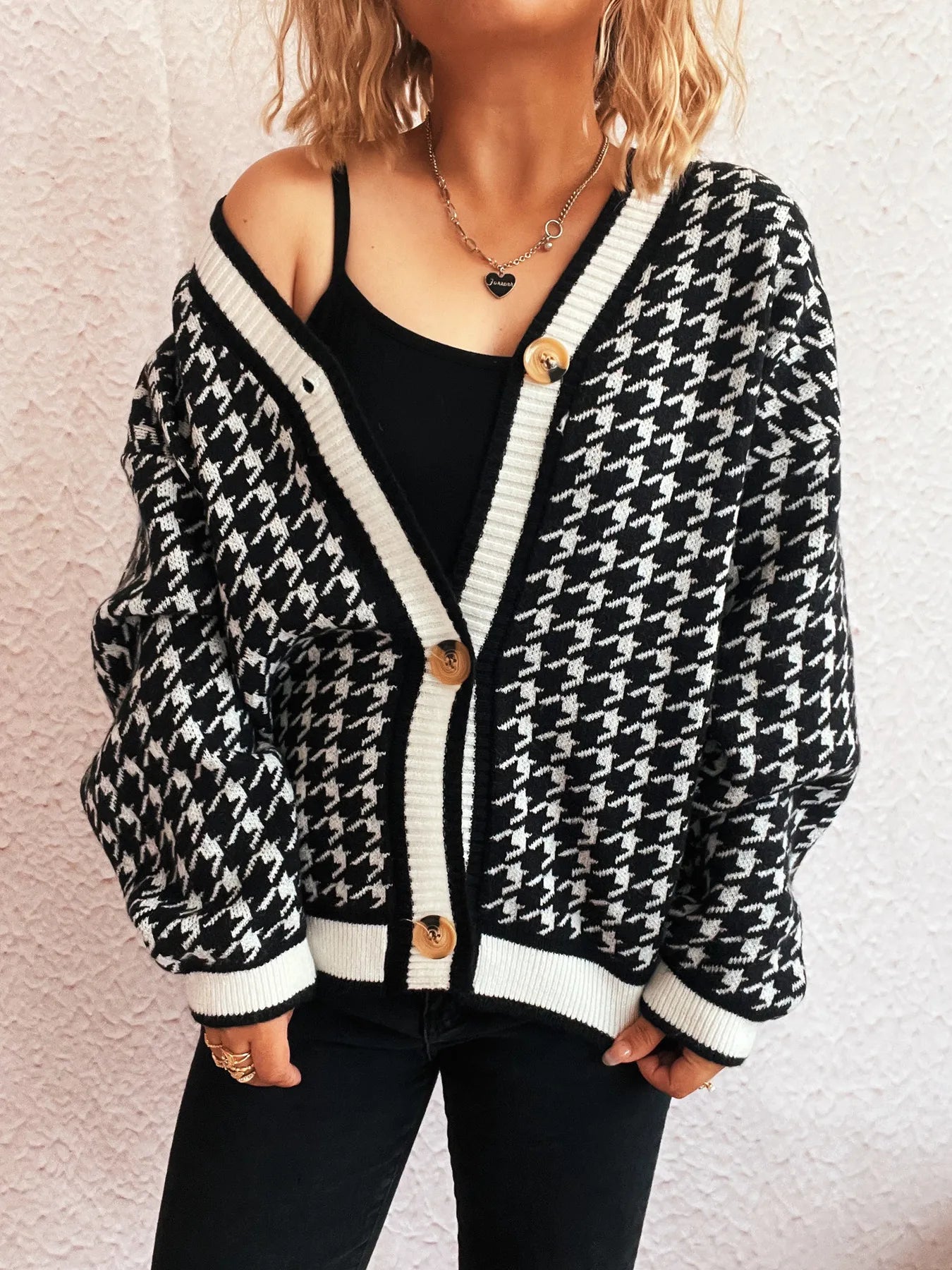 Houndstooth Pattern V-Neck Button-Up Cardigan