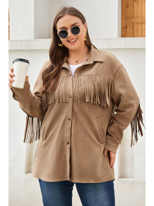 Plus Size Fringe Trim Snap Down Long Sleeve Shacket NicholesGifts