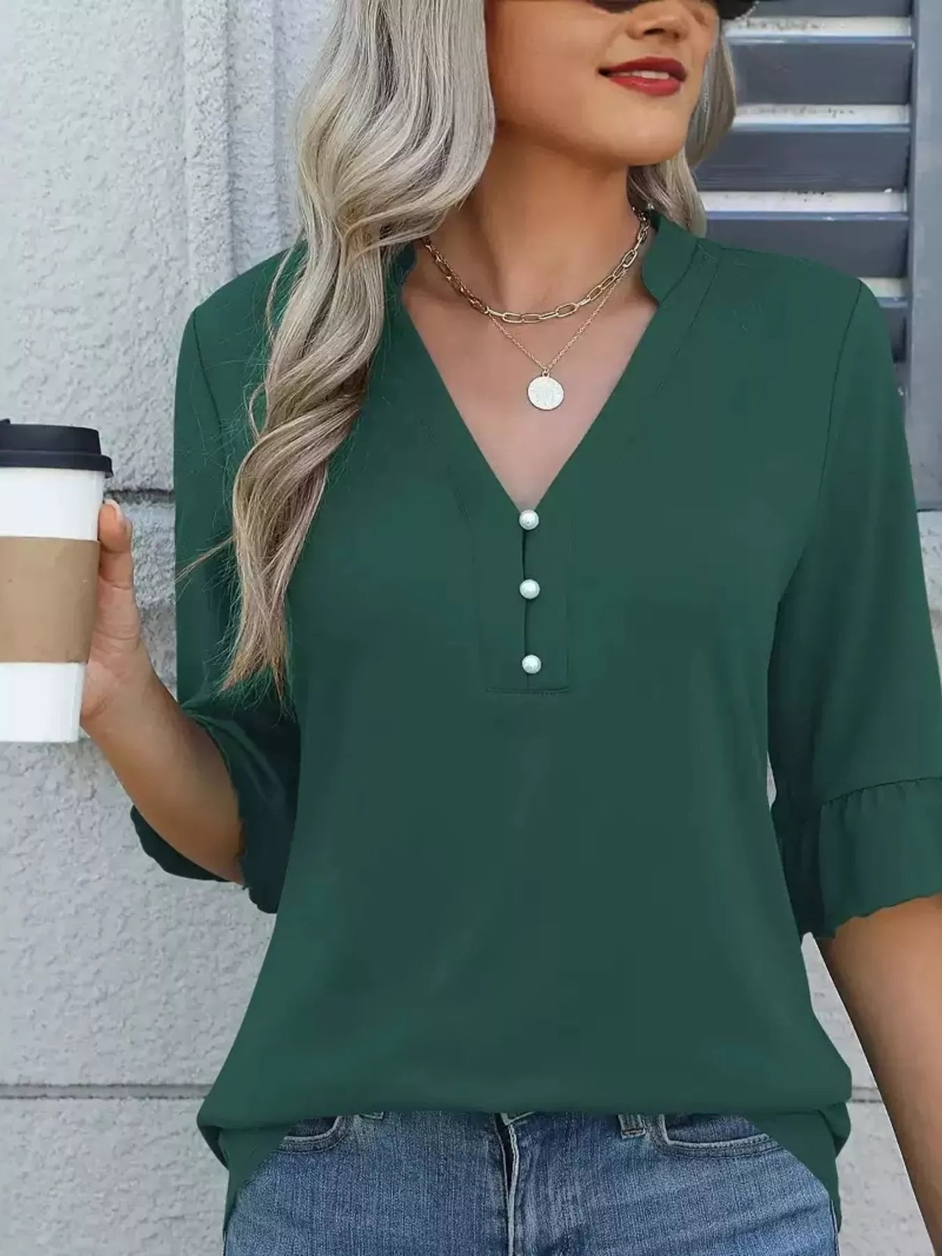 Full Size Notched Flounce Sleeve Blouse Plus Size Trendsi