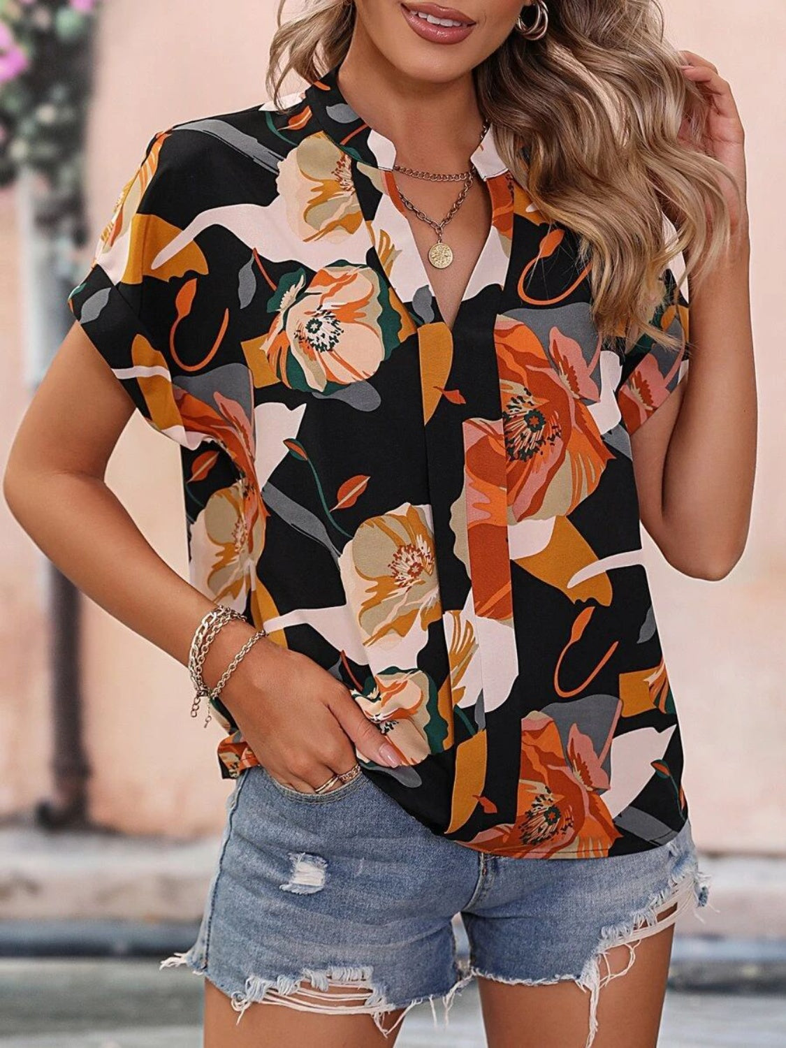 Printed Notched Short Sleeve Blouse nicholesgifts