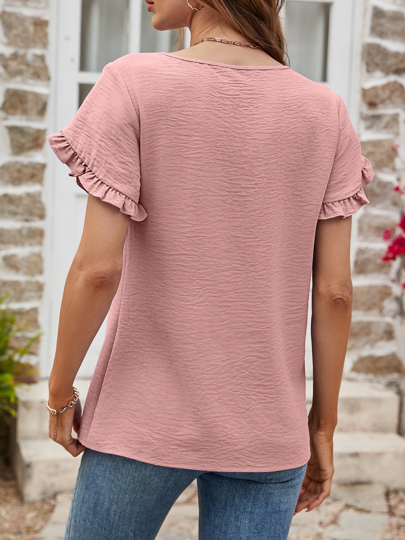 Textured Petal Sleeve Round Neck Tee nicholesgifts