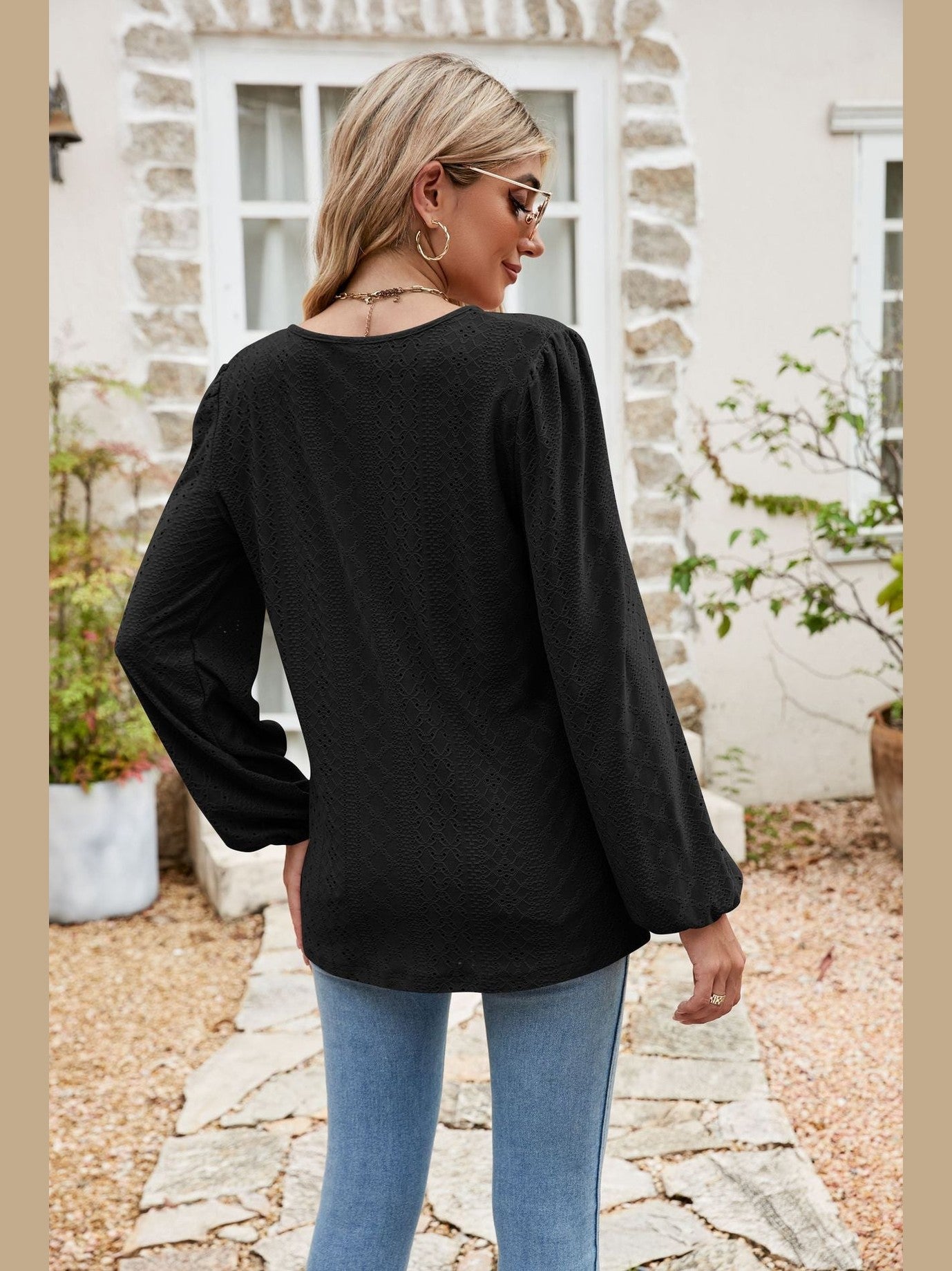 Eyelet Notched Neck Balloon Sleeve Blouse