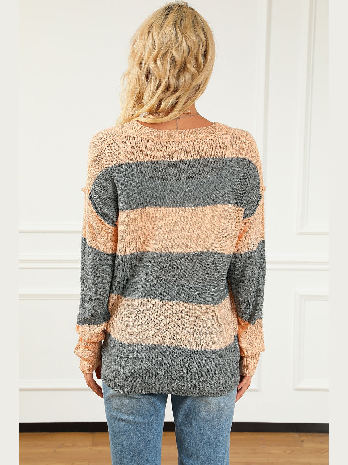 Striped Buttoned Dropped Shoulder Slit Sweater Trendsi