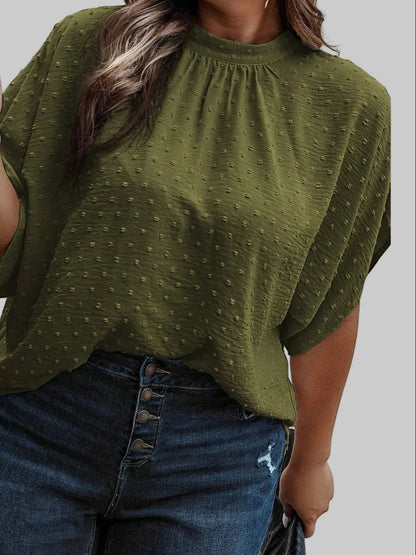 Plus Size Swiss Dot Tied Mock Neck Blouse nicholesgifts