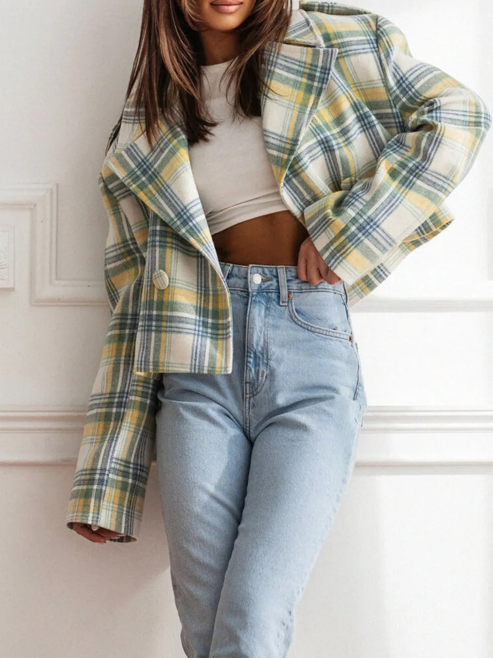 Lapel Collar Plaid Cropped Jacket Trendsi