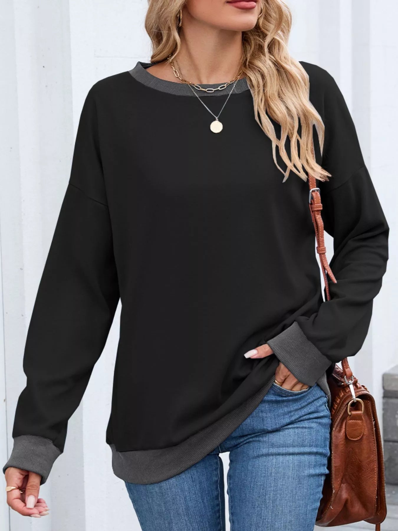 Contrast Trim Long Sleeve Sweatshirt Trendsi