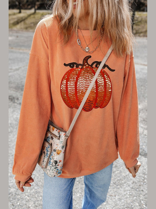 Sequin Pumpkin Round Neck Long Sleeve Sweatshirt nicholesgifts