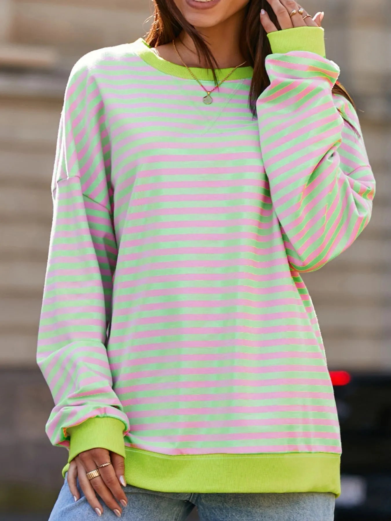 Striped Contrast Ribbed Trim Drop Shoulder Sweatshirt