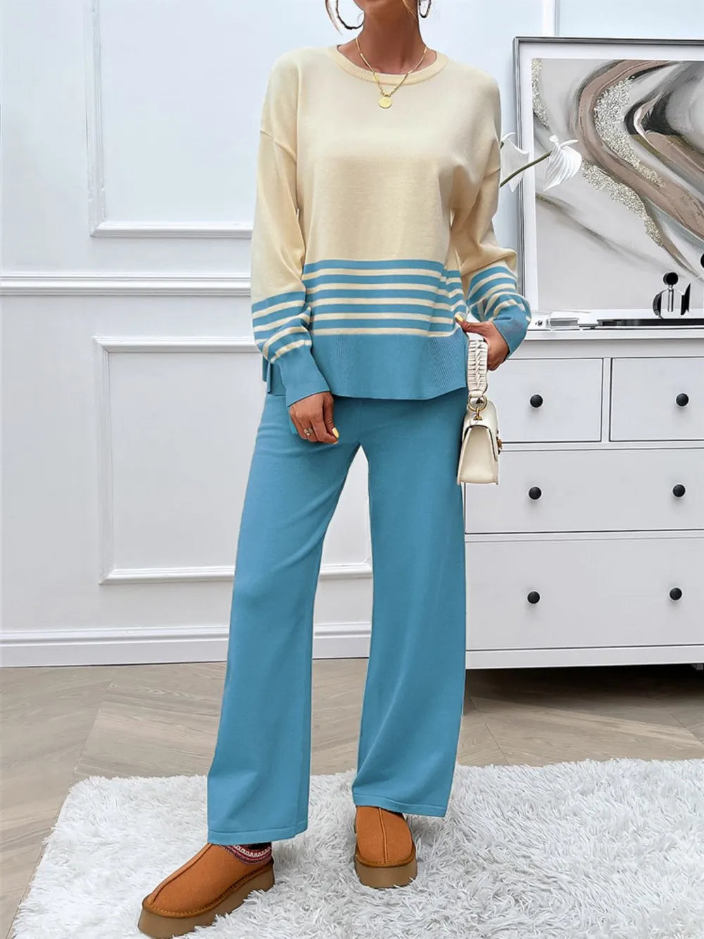 Devine Slit Striped Round Neck Top and Pants Sweater Set nicholesgifts
