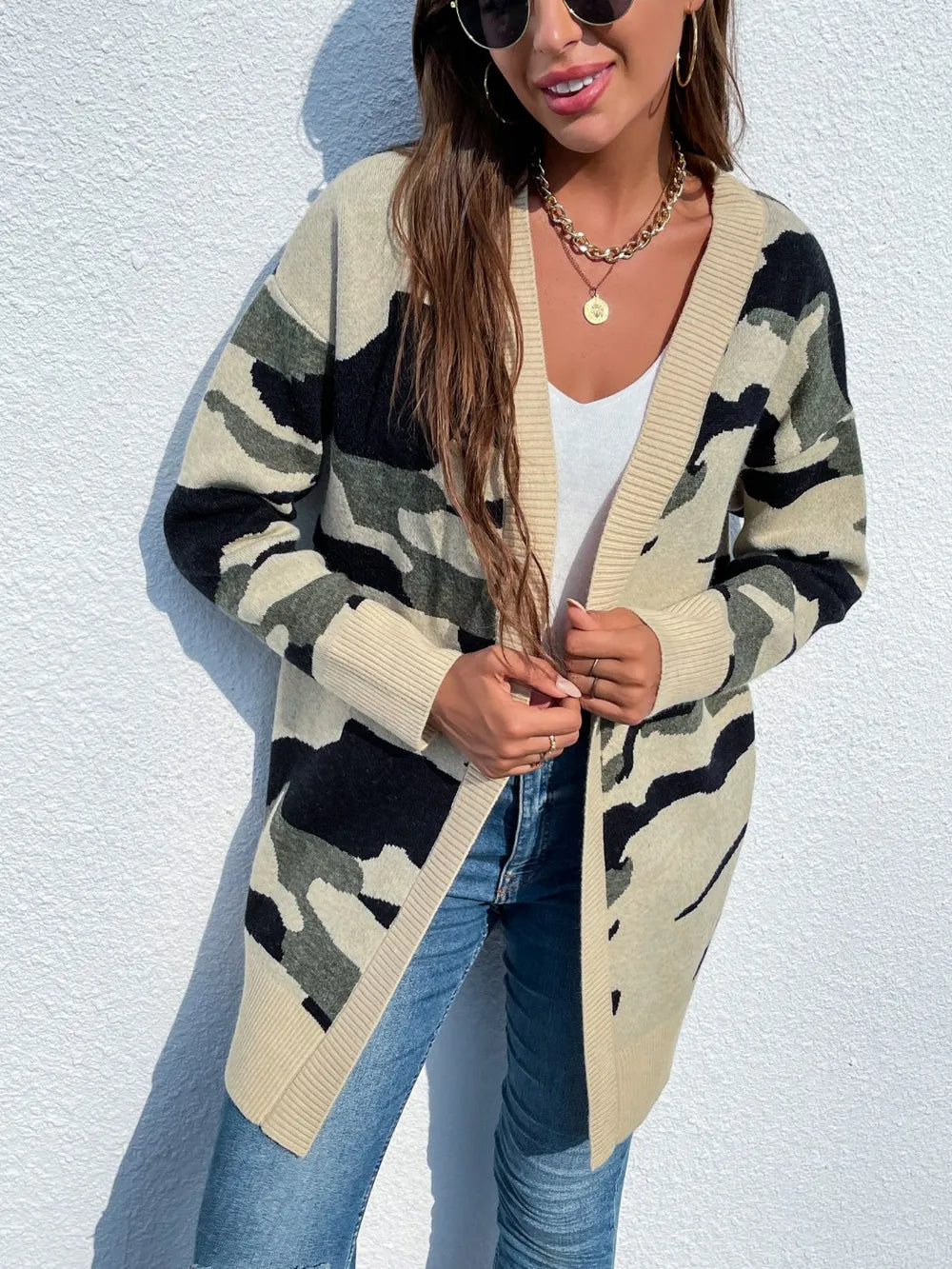 Camouflaged Dropped Shoulder Open Front Cardigan nicholesgifts