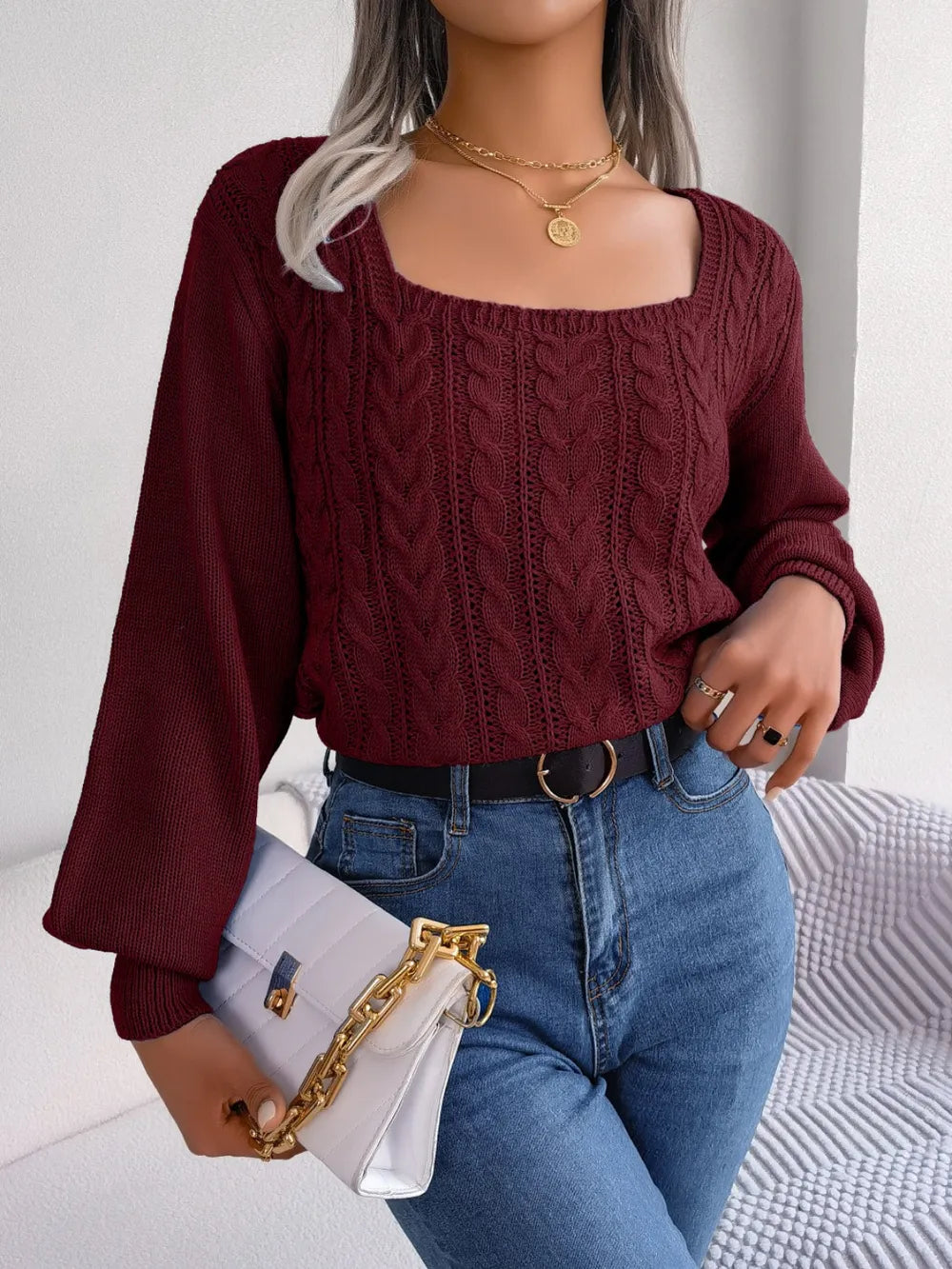 Cable-Knit Square Neck Long Sleeve Sweater Trendsi