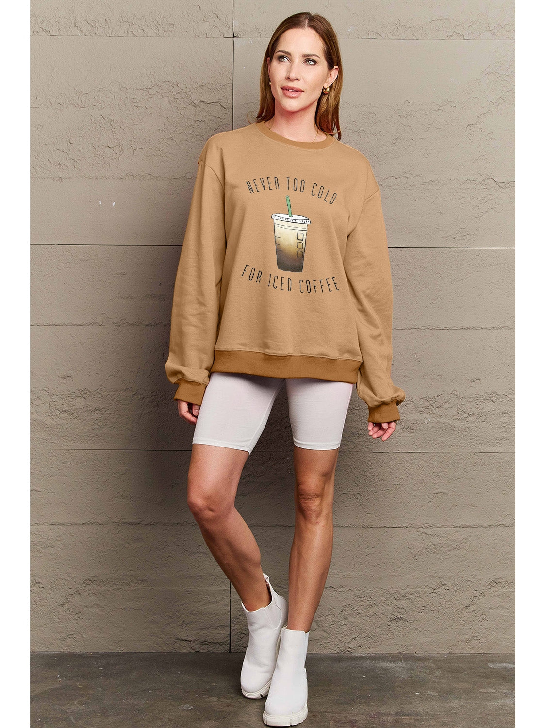 Women Simply Love Full Size Never Too Cold For Iced Coffee Round Neck Sweatshirt nicholesgifts