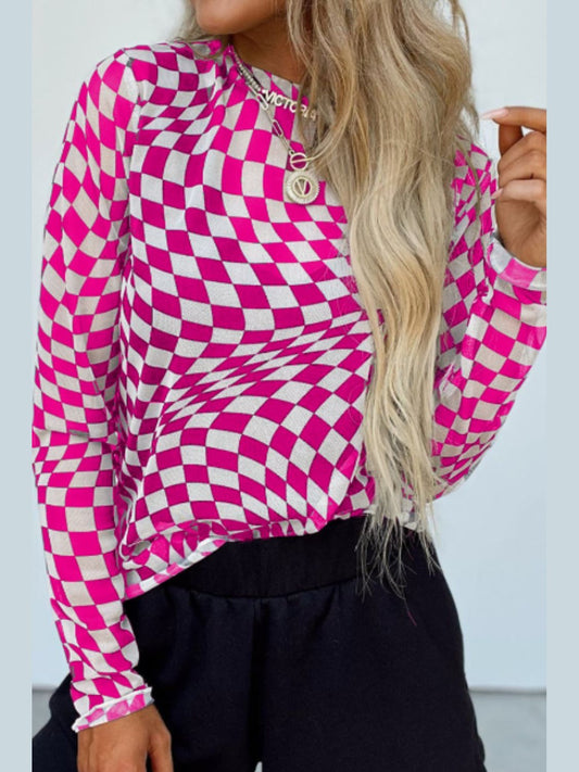Women Checkered Mock Neck Long Sleeve Blouse