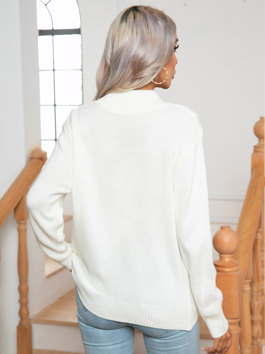 Openwork Geometric Mock Neck Sweater nicholesgifts