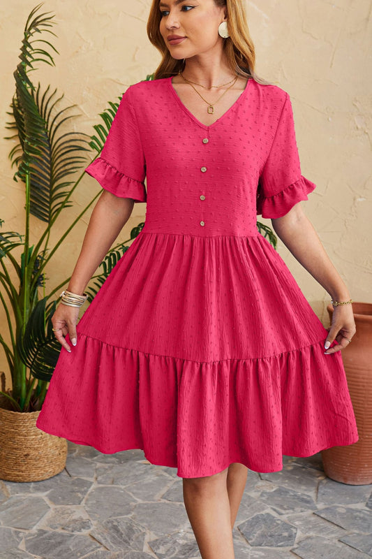 Women Swiss Dot Ruffled V-Neck Tiered Dress nicholesgifts