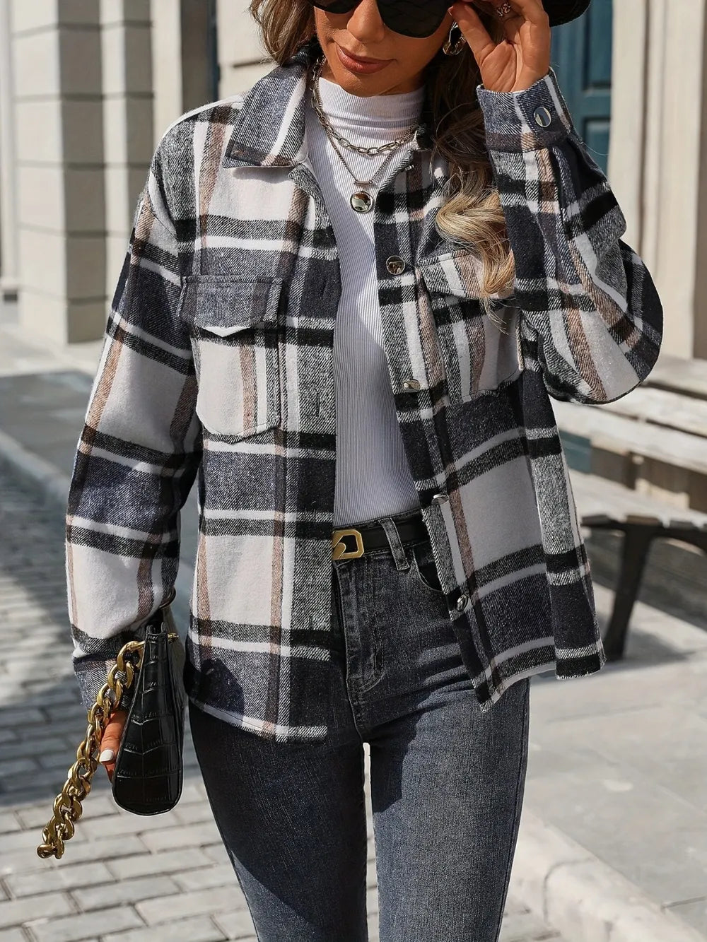 Plaid Button Up Drop Shoulder Jacket Trendsi