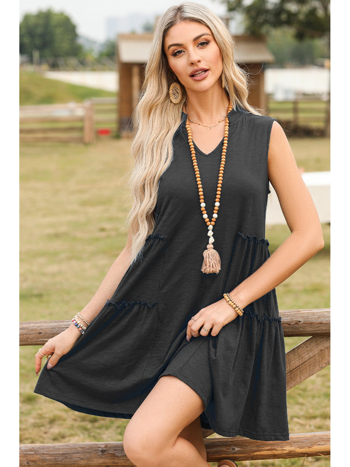 Women Frill Notched Sleeveless Mini Dress nicholesgifts