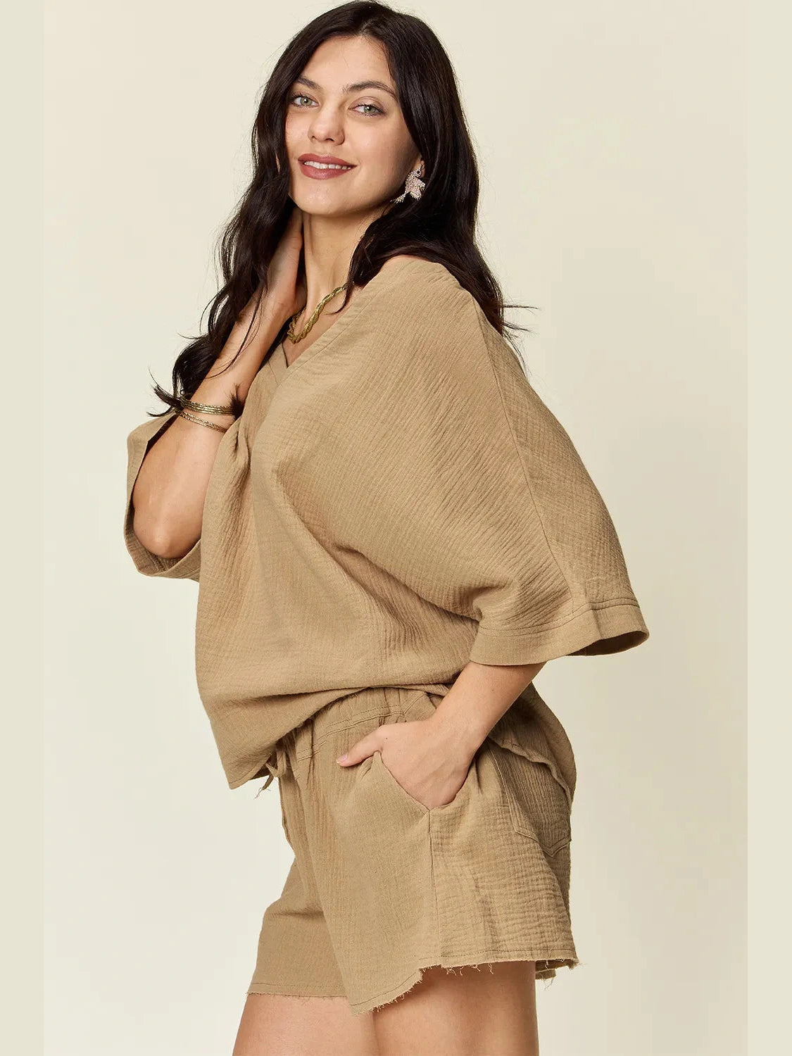 Double Take Texture Half Sleeve T-Shirt and Drawstring Shorts Set NicholesGifts