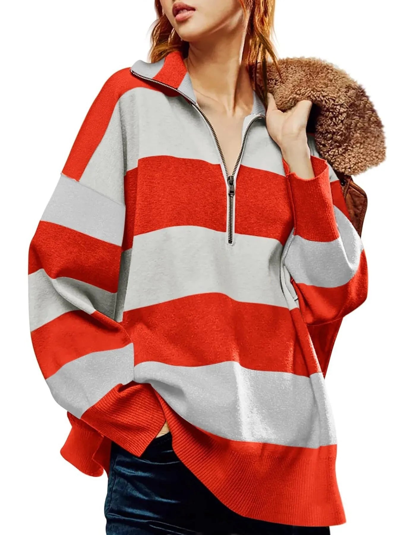 Striped Half-Zip Oversized Sweatshirt NicholesGifts