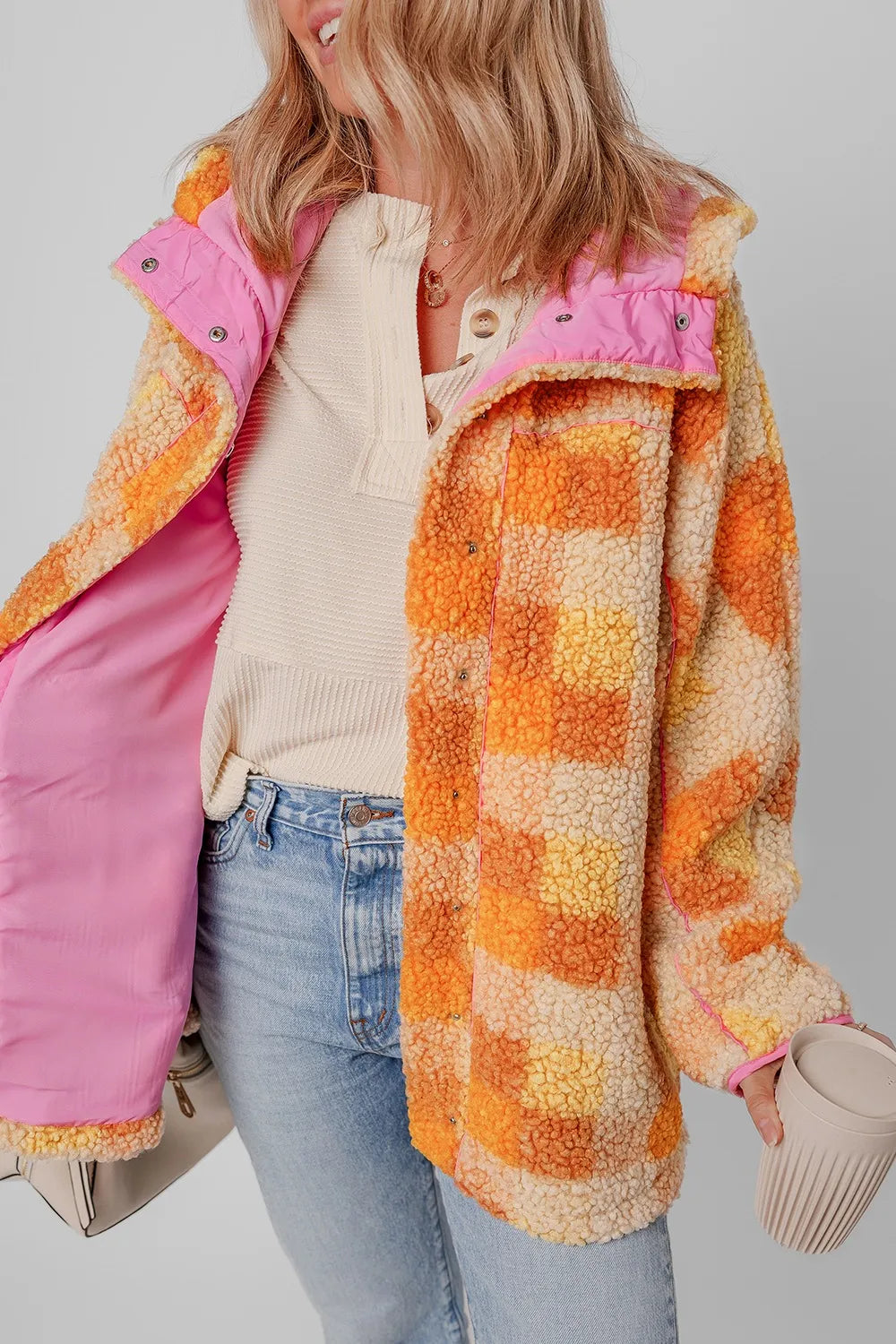 Checkered Long Sleeve Sherpa Hooded Jacket Trendsi