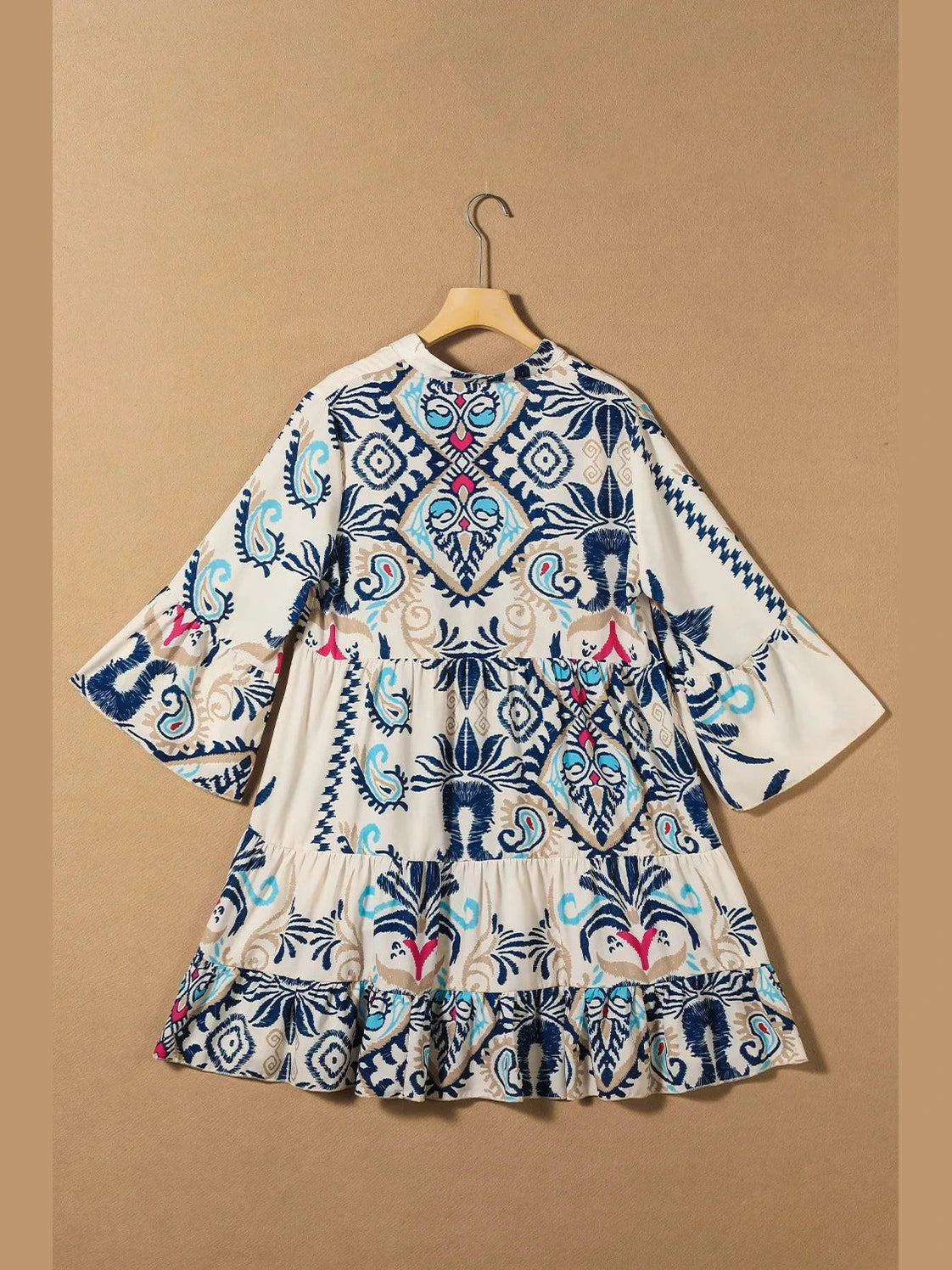 Printed Notched Three-Quarter Sleeve Mini Dress Trendsi