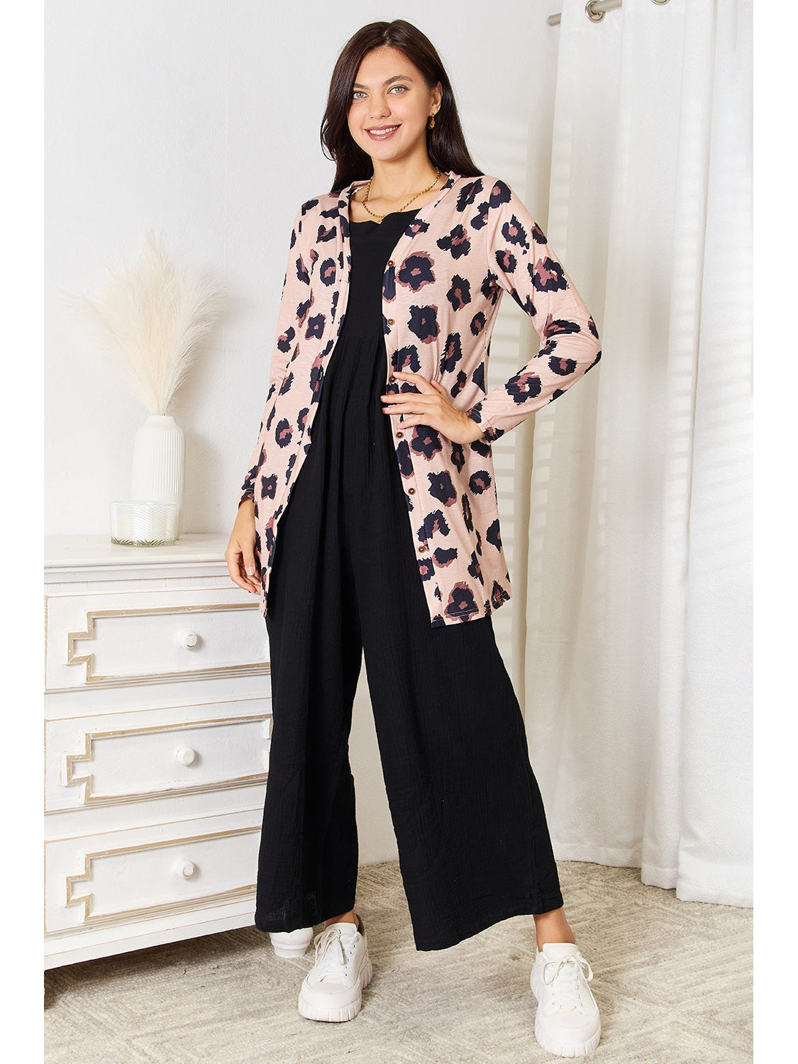 Women Double Take Leopard Printed Button Front Longline Cardigan nicholesgifts