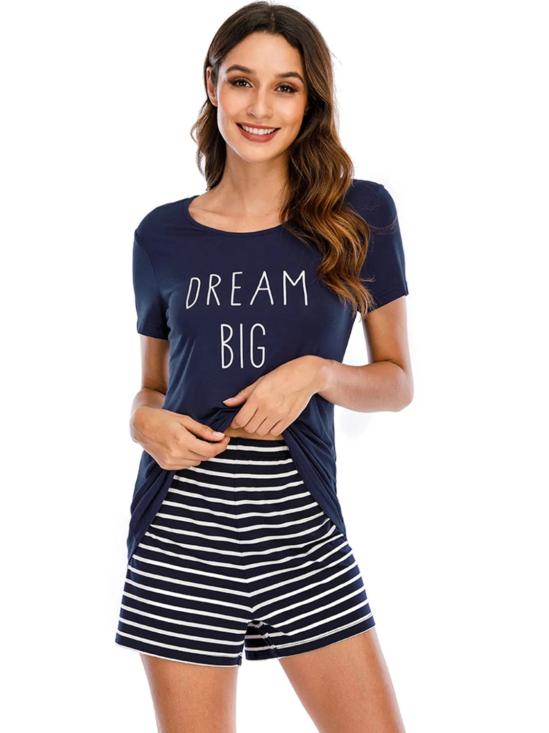 Graphic Round Neck Top and Striped Shorts Lounge Set nicholesgifts