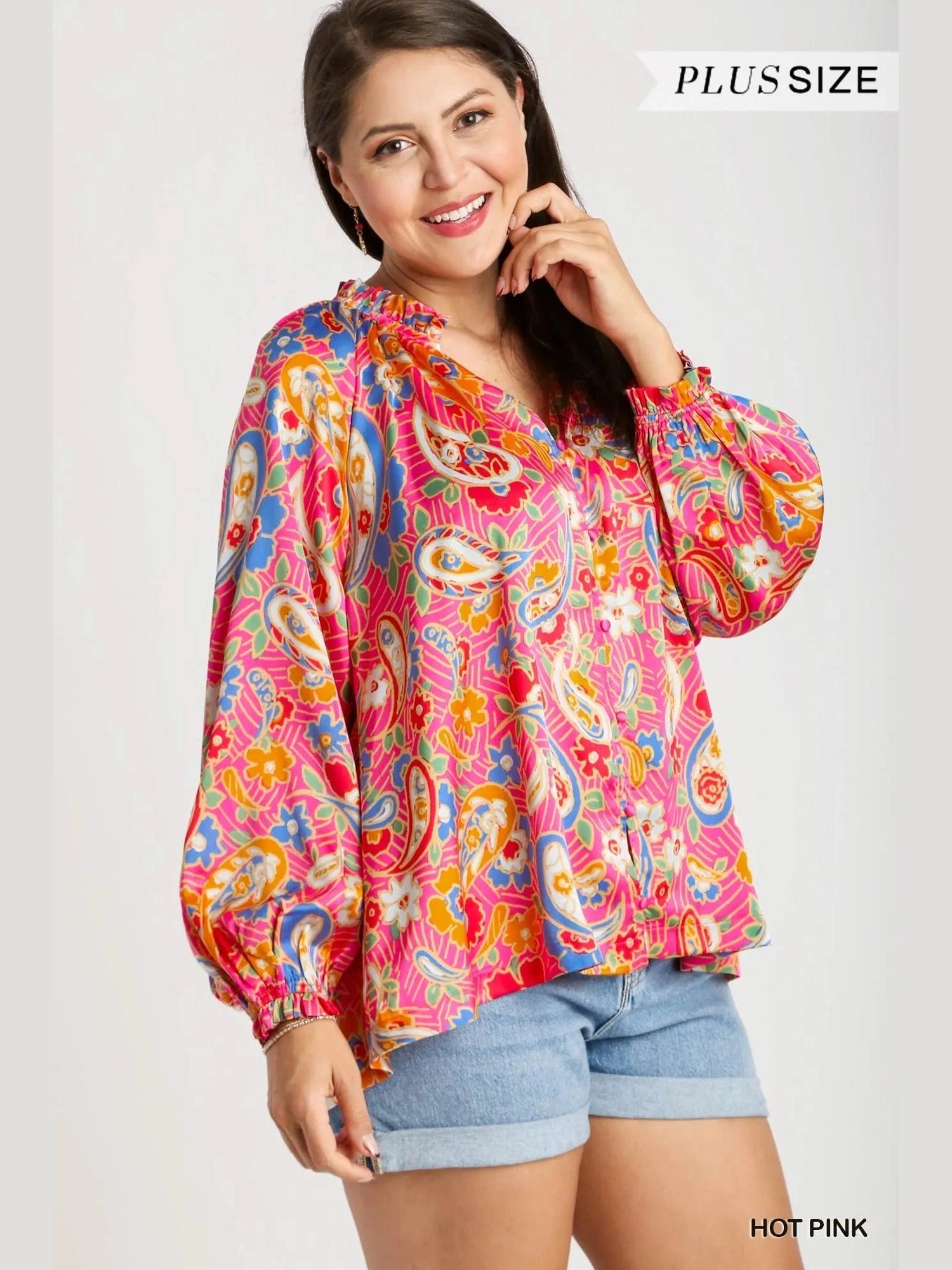 Umgee Full Size Satin Paisley Ruffle Neck Button-Up Shirt Plus Size NicholesGifts