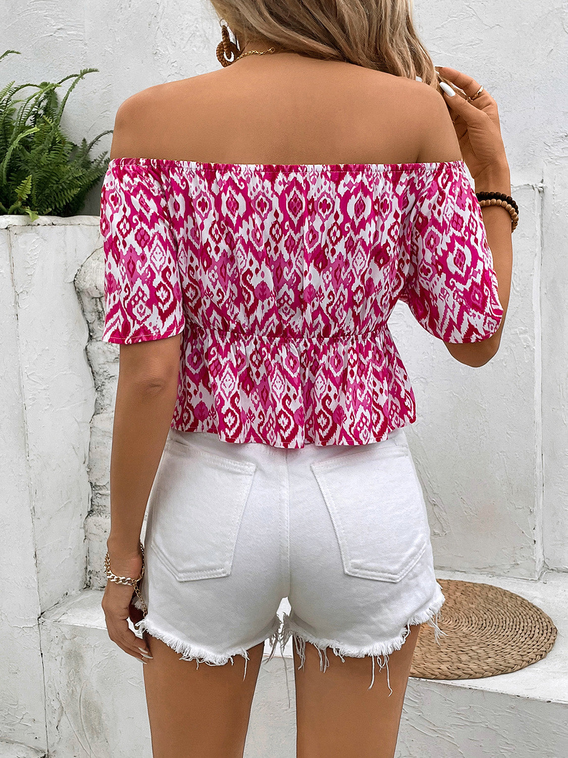 Peplum Printed Off-Shoulder Short Sleeve Blouse nicholesgifts