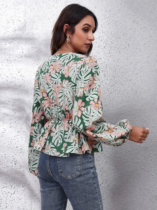 Floral V-Neck Balloon Sleeve Peplum Blouse nicholesgifts
