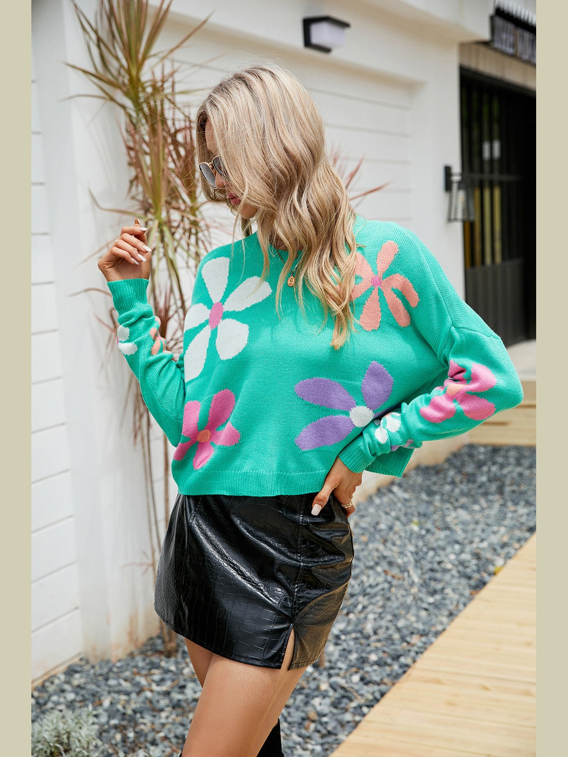 Flower Round Neck Drop Shoulder Sweater Trendsi